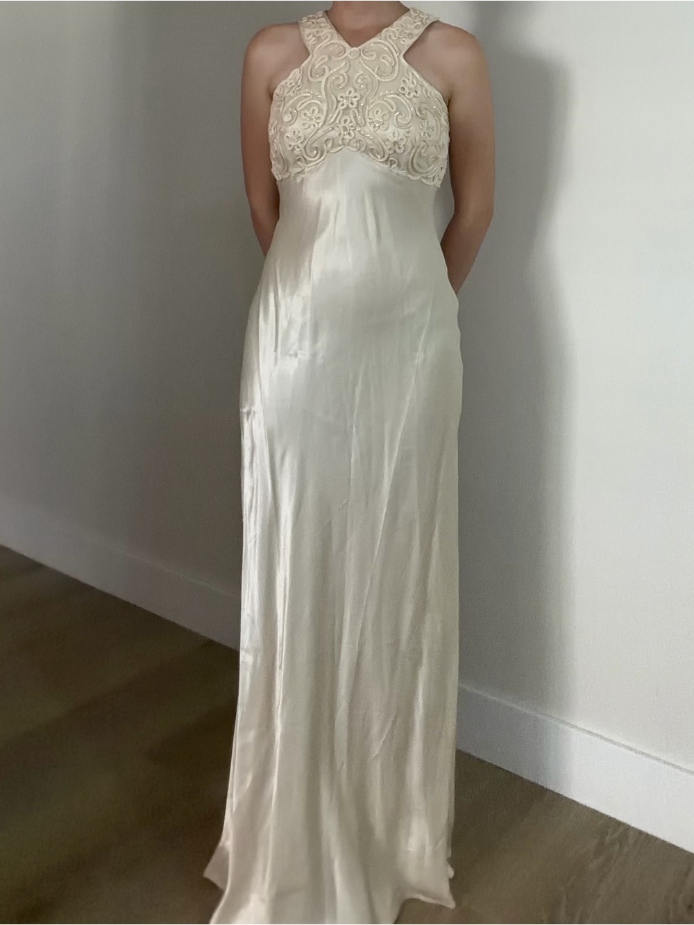 Vintage Cream Satin dress with Lace Bodice